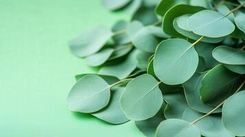 Fresh eucalyptus leaves arranged on a soft green surface with natural lighting highlighting their texture and color nuances photo
