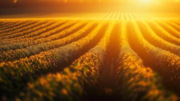 Golden sunlight bathes a vast field of crops at sunrise, creating patterns of light and shadow in nature's tranquil morning setting photo