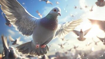 Pigeons flying against a clear sky during a vibrant sunset in an urban area with scattered clouds creating a tranquil atmosphere photo