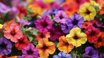 Colorful petunias blooming in a vibrant garden display during springtime, showcasing a variety of hues and textures photo