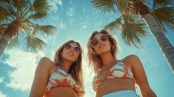 Two friends enjoying a sunny day at the beach, surrounded by palm trees and clear blue skies while wearing stylish sunglasses photo