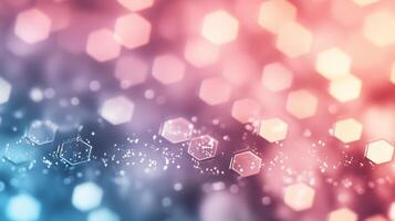 Colorful hexagonal patterns and sparkling lights create an abstract background with soft gradients in red, blue, and purple tones photo