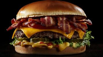 A delicious cheeseburger topped with crispy bacon and served with fresh vegetables on a wooden surface photo