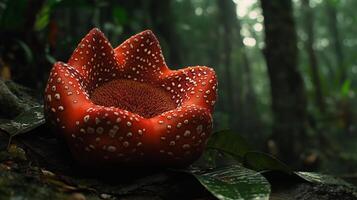 Vibrant tropical flower with a striking red and white pattern found in a lush rainforest setting during the evening hours photo