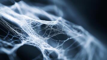 Delicate spider web glistening with morning dew in a soft, diffused light against a dark background, showcasing nature's intricate patterns photo