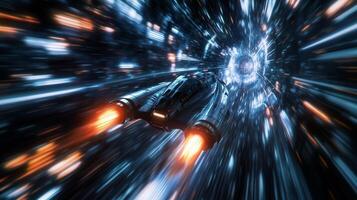 A futuristic spacecraft travels through a colorful wormhole, enhancing the imagination of interstellar travel during deep space exploration photo