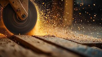 Woodworking in progress with a circular saw creating sparks and sawdust in a workshop setting during the evening photo
