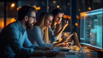 Collaborative programming session in a modern office at night with three professionals working on code and discussing ideas photo