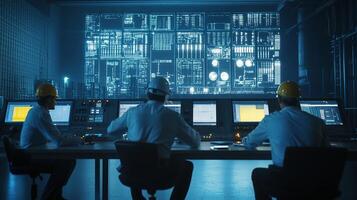 Three engineers monitor advanced technology in a control room during a late evening analysis session photo