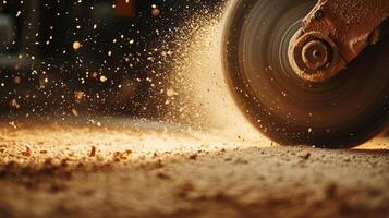 Close-up of a machine cutting wood, creating sawdust in a workshop during daylight hours photo
