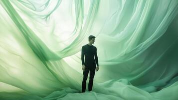 A figure stands amidst flowing green fabric, creating a surreal atmosphere in an artistic expression of movement and emotion photo