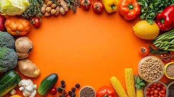 Colorful assortment of fresh vegetables and fruits arranged on a vibrant orange background for a healthy meal preparation photo
