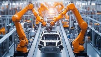 Robotic arms assembling a car in a modern automobile manufacturing plant with advanced technology and automation photo