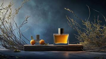 Elegant perfume bottles surrounded by natural elements on a wooden display against a soft, moody backdrop in dim lighting photo