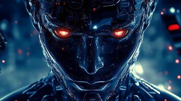 A futuristic cyborg with glowing red eyes in a dark, high-tech environment highlighting artificial intelligence and robotics photo