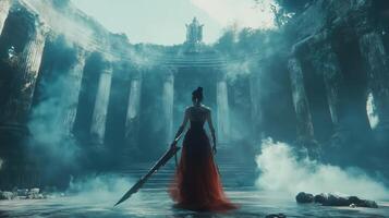 A warrior stands in a misty ancient temple, preparing for battle with a sword in hand just before dusk photo