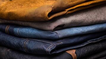 A neatly folded stack of various denim jeans arranged for display in a clothing store during daylight hours photo