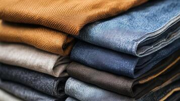 A stack of neatly folded fabrics showcasing various textures and colors displayed on a wooden surface in natural light photo