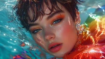 A close-up of a young person submerged in vibrant water while showcasing bold makeup and colorful reflections in a pool setting photo