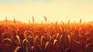 Golden cornfield at sunset showcasing rows of tall stalks illuminated by warm evening light in a rural landscape photo