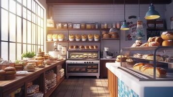 Freshly baked goods displayed in a charming bakery with inviting sunlight streaming through large windows photo