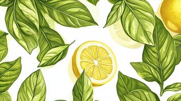 Vibrant green basil leaves surrounding a fresh lemon slice on a light background for a refreshing culinary experience photo