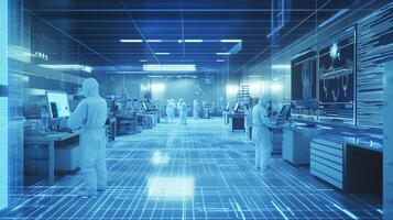 Scientists conduct research in a high-tech laboratory with interactive digital displays and advanced equipment during the day photo