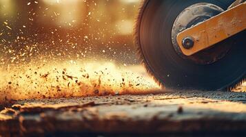 A worker cuts through wood with a powerful saw during golden hour, surrounded by flying dust and sparks in a workshop setting photo