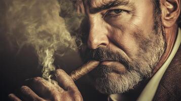 A man with a distinguished appearance smokes a cigar while contemplating in a dimly lit setting photo