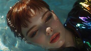 Young woman with short hair floats serenely in a pool, reflecting colorful lights from her shimmering outfit on a sunny day photo