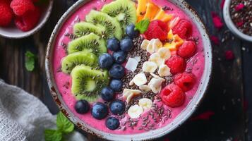 Bright and colorful smoothie bowl topped with fresh fruits and seeds displayed on a rustic wooden table photo