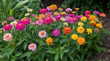 Vibrant zinnias blooming in a garden during late spring, showcasing a colorful array of pinks, oranges, and yellows among lush greenery photo