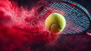 A dynamic capture of a tennis ball striking a racket with explosive red powder during a high-energy sports moment photo
