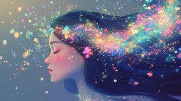 A young woman with flowing hair adorned with flowers and colorful sparkles, immersed in a dreamlike atmosphere during twilight photo