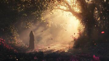 A figure stands in a magical forest at twilight, with sunlight filtering through trees and vibrant leaves falling around photo