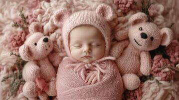 A peaceful baby sleeping among soft toys in a cozy setting with pink tones and floral elements photo