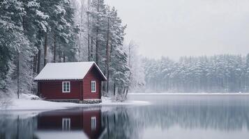 A tranquil winter landscape featuring a red cabin by a still lake surrounded by evergreen trees in a snowy setting photo