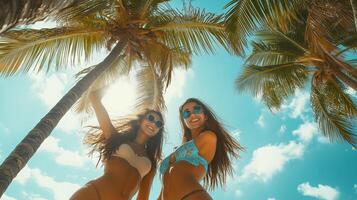 Two friends enjoying a sunny day at a tropical beach surrounded by palm trees and taking in the warmth of summer photo