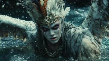 A mystical creature emerges from the water, adorned with feathers and intricate designs, capturing the essence of fantasy in a dramatic moment photo