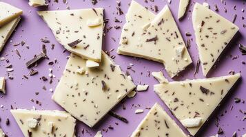 White chocolate bark pieces scattered on a vibrant purple background with chocolate shavings during kitchen prep photo