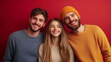 Three friends smiling happily together in front of a vibrant red background during a casual gathering in autumn photo