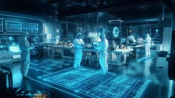 Advanced research lab with scientists in protective gear working on innovative technologies in a futuristic environment photo