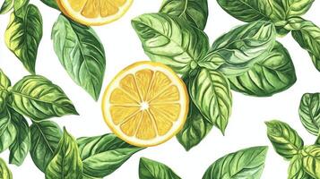 Fresh lemon slices surrounded by vibrant basil leaves on a white background, creating an inviting and refreshing look photo