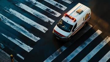 An ambulance crosses a wet crosswalk, responding to an emergency call during early morning hours in an urban setting photo