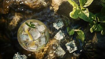 Refreshing drink with ice cubes and lemon slices resting near a stream on a sunny day surrounded by greenery photo