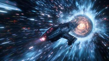 A spacecraft traveling through a vibrant wormhole in deep space during a futuristic journey to unknown realms photo