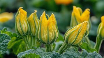 Yellow squash blossoms in a vibrant garden during spring showcasing their unique floral structure photo