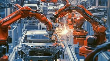 Robotic arms assembling automobile parts in a high-tech manufacturing facility during daytime operations photo