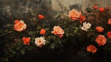 Vibrant roses in soft hues flourish against a textured background, creating a timeless floral display in natural light photo
