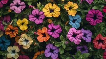 Vibrant display of colorful petunias in a lush garden setting during a sunny day in spring photo